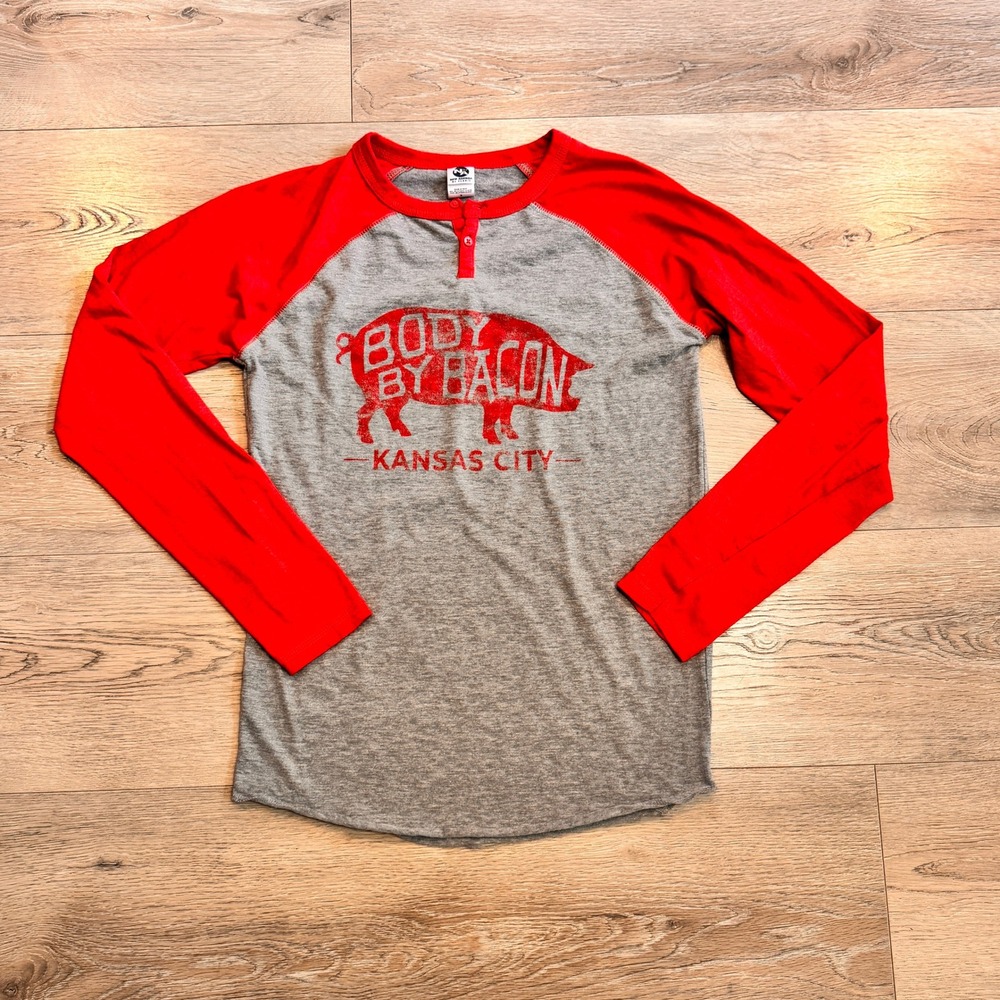 Body By Bacon Kansas City Shirt Small S Gray Red Long Sleeve Henley Womens